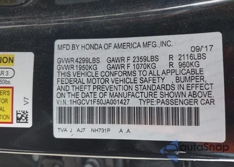 2018 Honda Accord Ex-L z USA, uszkodzony, nr VIN 1HGCV1F50JA001427